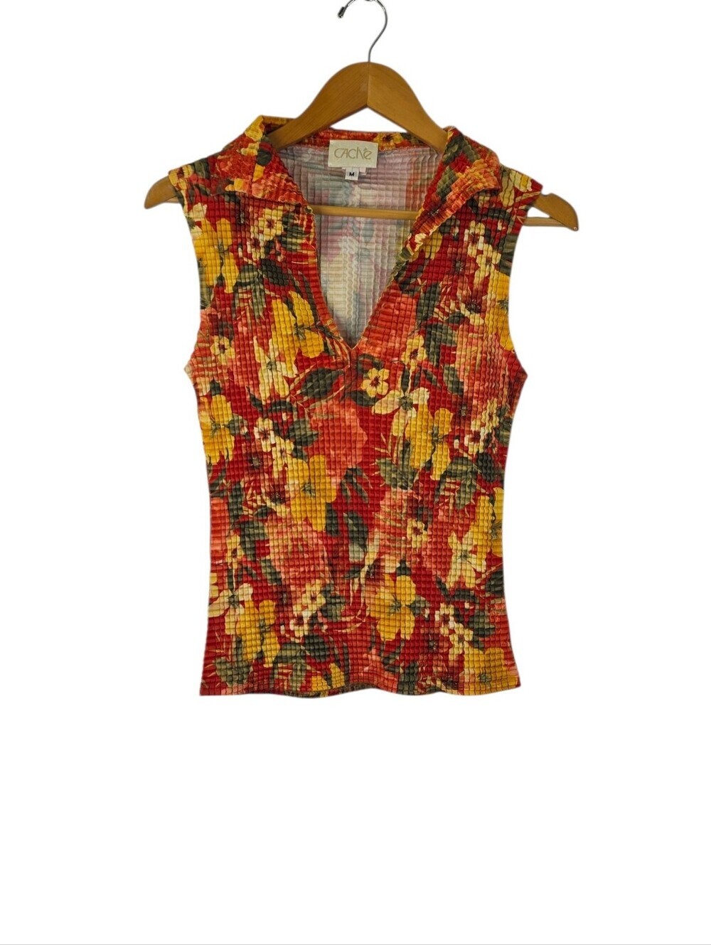 Caché Women's Medium Y2k Tropical Whimsical Floral Crinkle Waffle Blouse Vintage